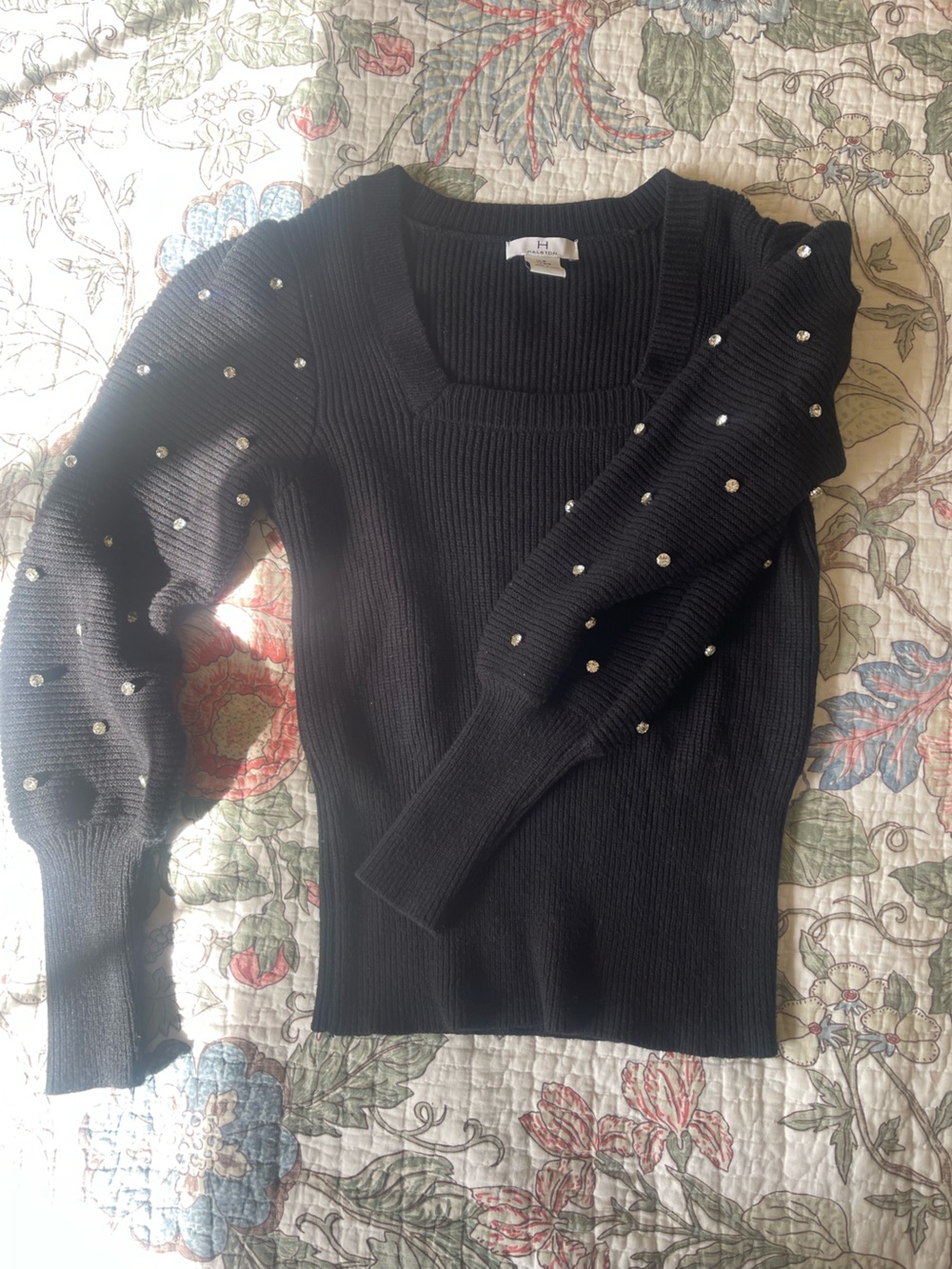 Black Embellished Ribbed Women's Sweater